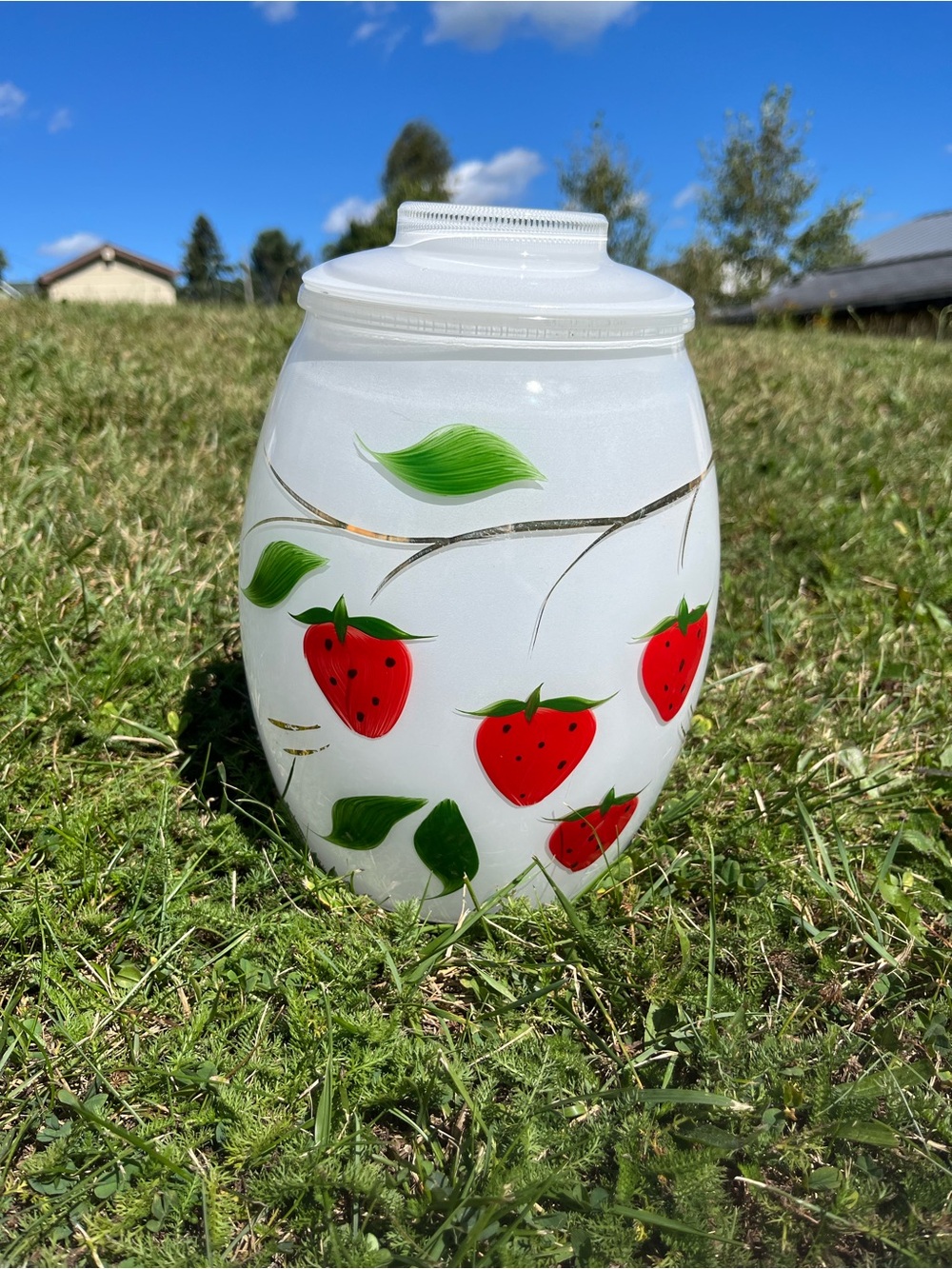 Bartlett and Collins White Strawberry Glass Canister - Decorative Home Art
